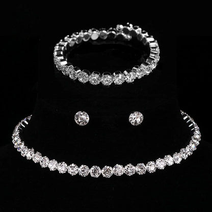 Roycebridal Bridal Sparkling Rhinestone Jewelry Set Round Diamond Bracelet Earrings Necklace Three-piece Set