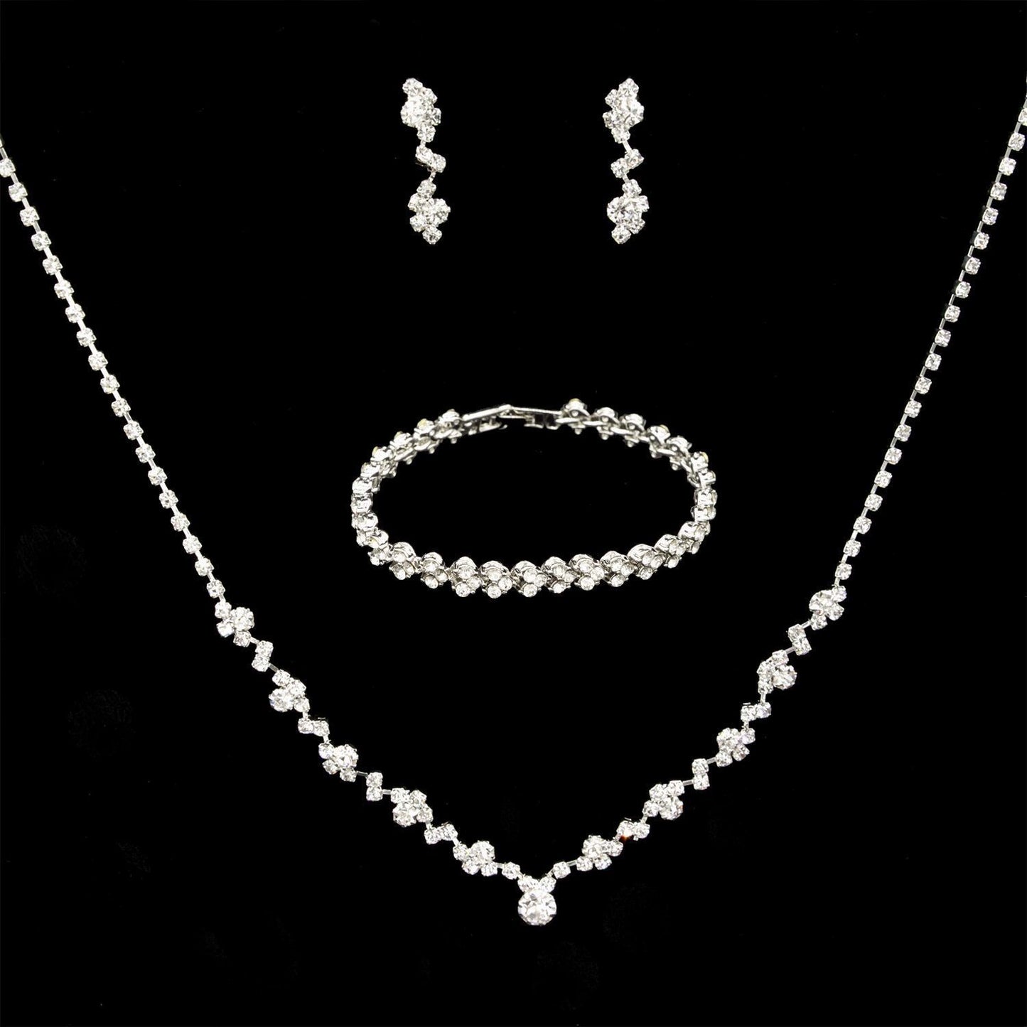 Roycebridal Alloy Rhinestone Inlaid Crystal Full Diamond Necklace Earrings Three-piece Set Bridal Jewelry