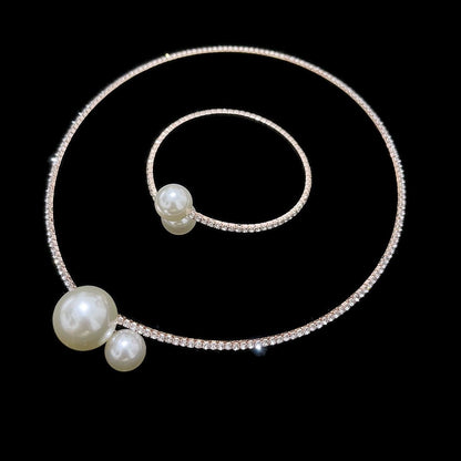 Roycebridal Shiny Rhinestone Pearl Choker Necklace Open Adjustable Bracelet Bridal Set Accessories