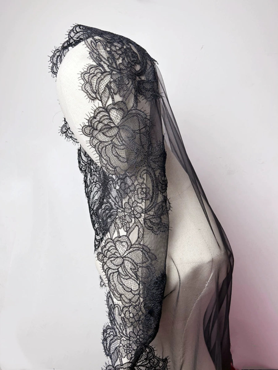 Roycebridal Gothic Wedding Accessories Black Lace Vintage Veil Single Layer