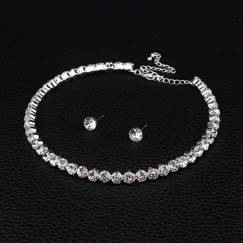 Roycebridal Bridal Sparkling Rhinestone Jewelry Set Round Diamond Bracelet Earrings Necklace Three-piece Set