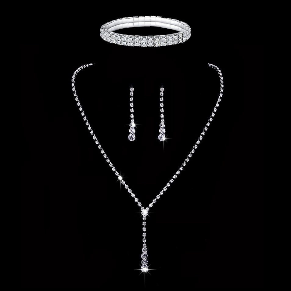 Roycebridal Simple Tassel Rhinestone Necklace Bridal Rhinestone Necklace Earrings Set Three-piece Wedding Jewelry