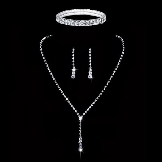 Roycebridal Simple Tassel Rhinestone Necklace Bridal Rhinestone Necklace Earrings Set Three-piece Wedding Jewelry