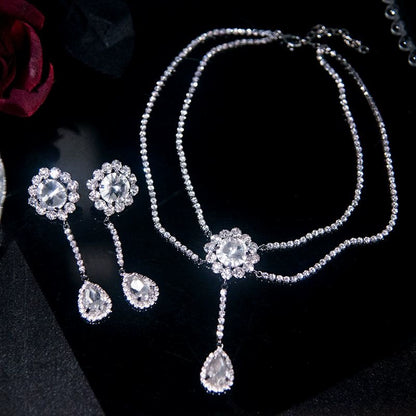 Roycebridal Diamond Set Necklace Earrings Flower Simple Earrings Sparkling Diamond Water Drop