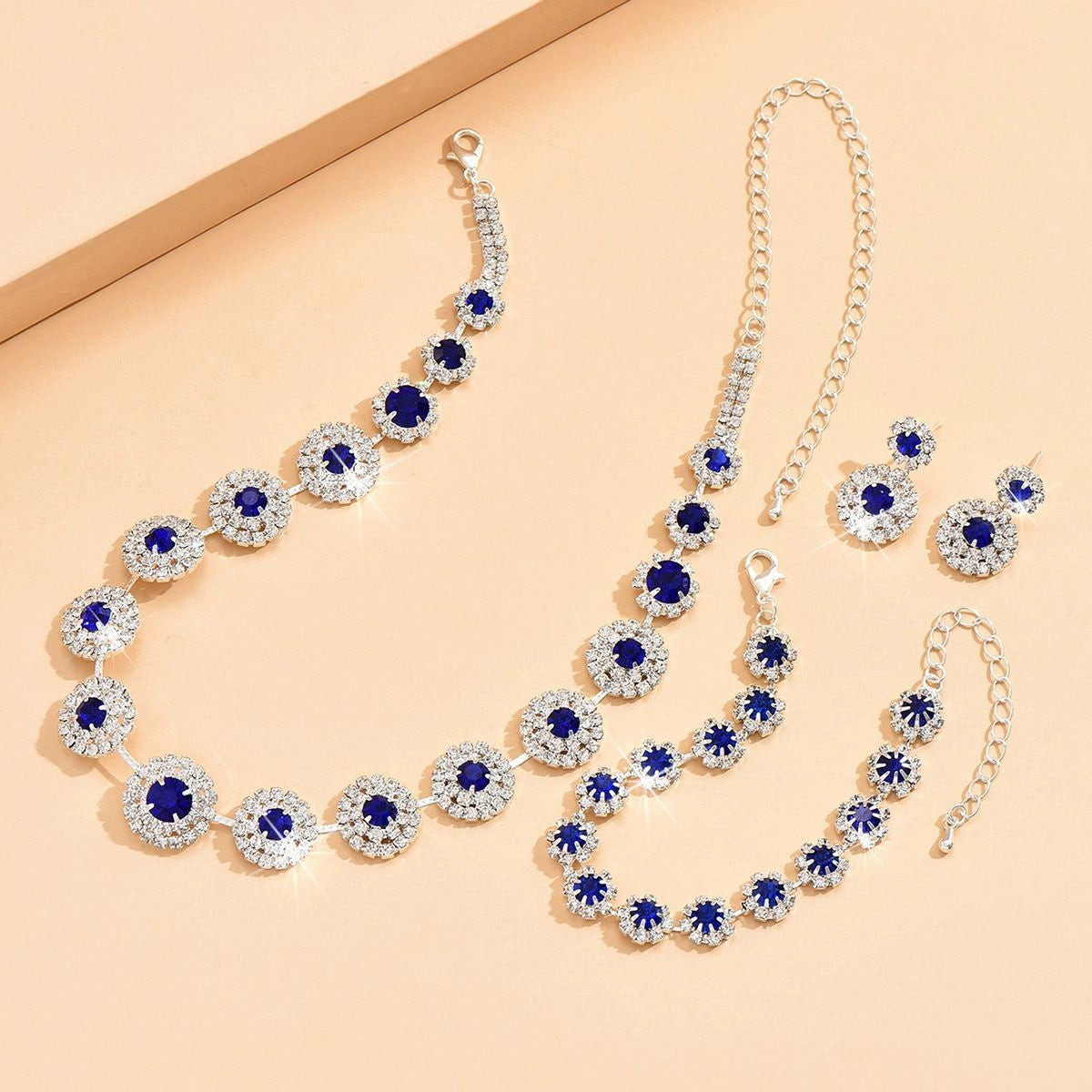 Roycebridal Fashion Bridal Set Wedding Jewelry Necklace Earrings Bracelet Royal Blue Simple Set Dress Accessories