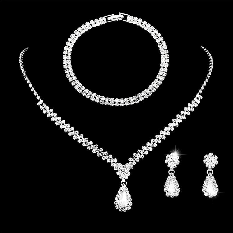 Roycebridal Diamond Drop Earrings Bracelet Earrings and Necklace Set Fashionable Bridal Wedding Jewelry Three-piece Set