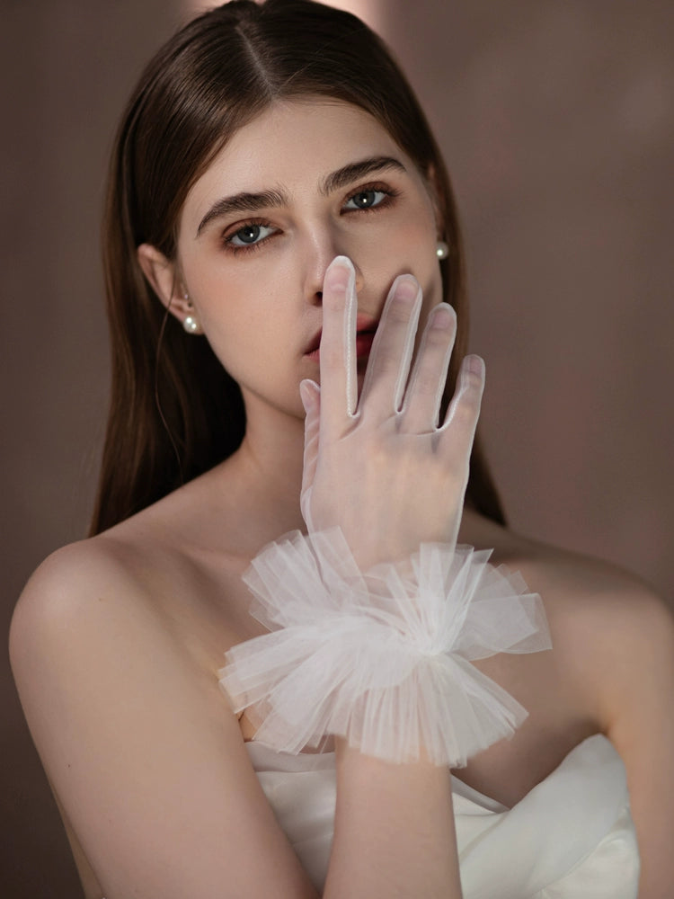 Roycebridal Tulle Short Pleated Lace Bridal Gloves