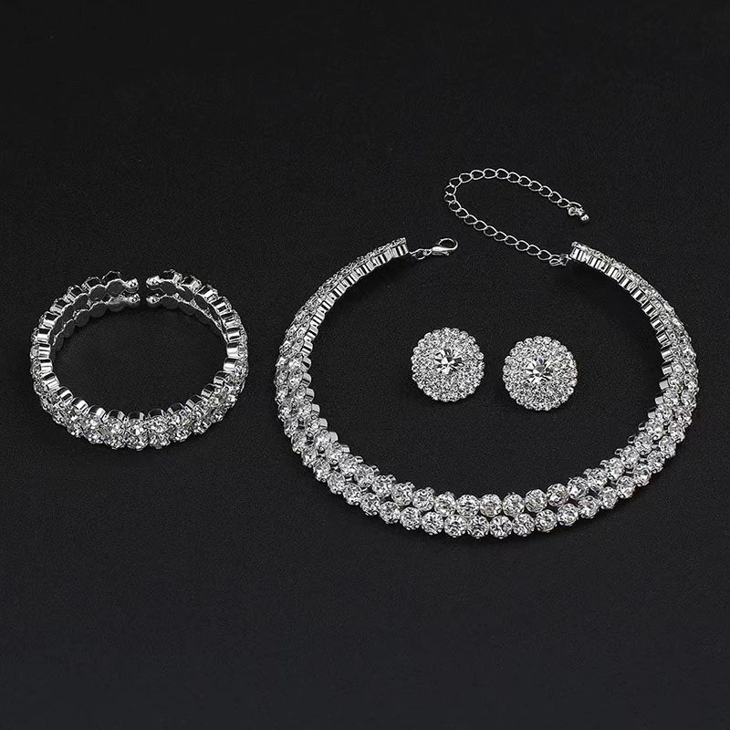 Roycebridal Wedding Jewelry Set Three-piece Bride Rhinestone Double Row Earrings Necklace Bracelet Set Necklace Female Necklace Accessories