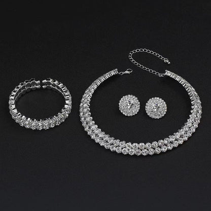 Roycebridal Wedding Jewelry Set Three-piece Bride Rhinestone Double Row Earrings Necklace Bracelet Set Necklace Female Necklace Accessories