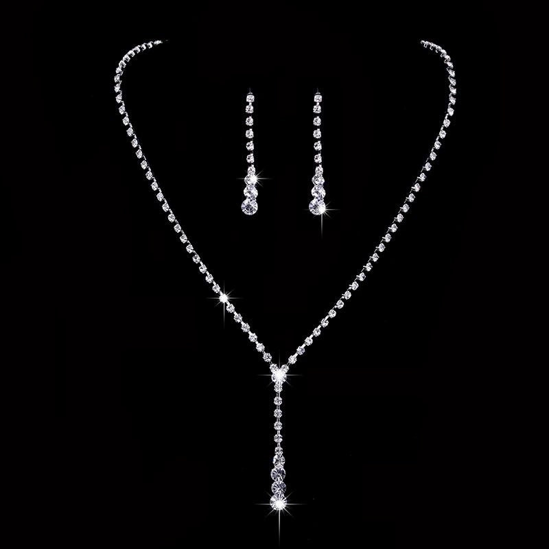 Roycebridal Simple Tassel Rhinestone Necklace Bridal Rhinestone Necklace Earrings Set Three-piece Wedding Jewelry