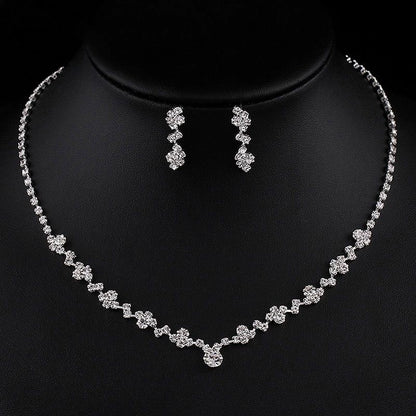 Roycebridal Alloy Rhinestone Inlaid Crystal Full Diamond Necklace Earrings Three-piece Set Bridal Jewelry