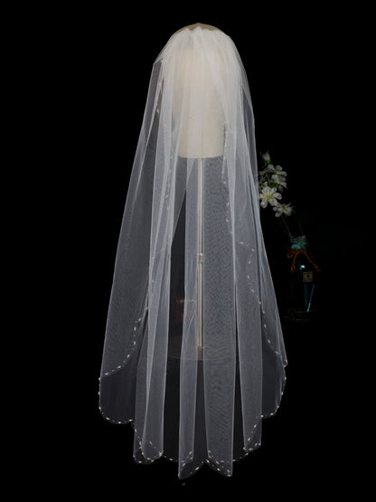 Roycebrial New Wave Edge Wedding Veil Super Fairy White Short Single Layer Beaded Bride Wedding Travel Headdress