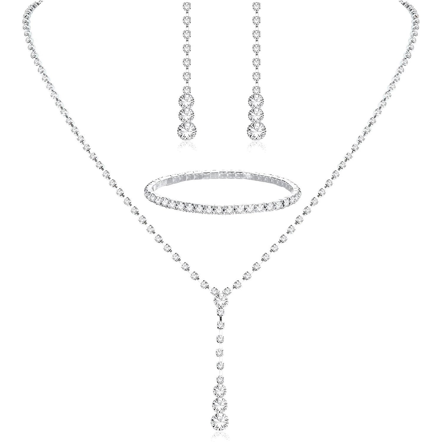 Roycebridal Simple Tassel Rhinestone Necklace Bridal Rhinestone Necklace Earrings Set Three-piece Wedding Jewelry