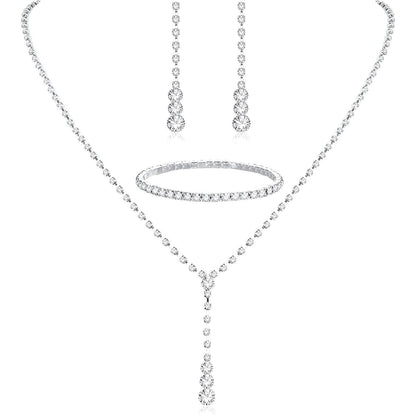 Roycebridal Simple Tassel Rhinestone Necklace Bridal Rhinestone Necklace Earrings Set Three-piece Wedding Jewelry