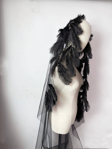 Roycebridal Gothic Wedding Accessories Black Veil Black Feathers Handmade