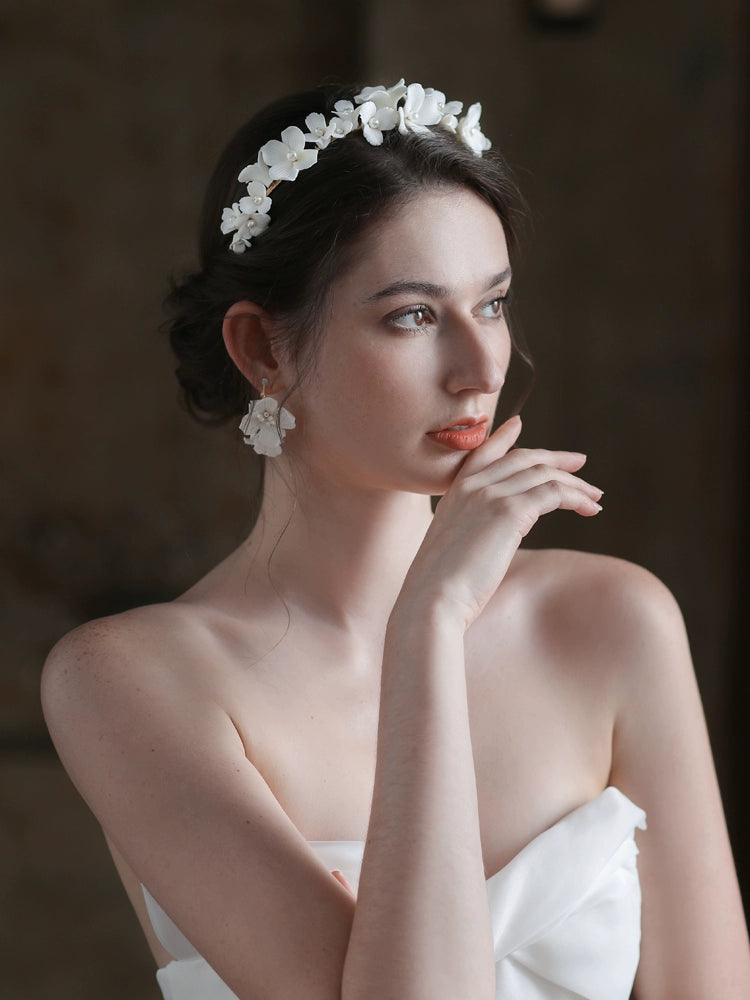 Roycebridal European And American Ceramic Flower Bridal Hair Accessories High-End White Elegant Forest Headband Earrings Set Wedding Headdress