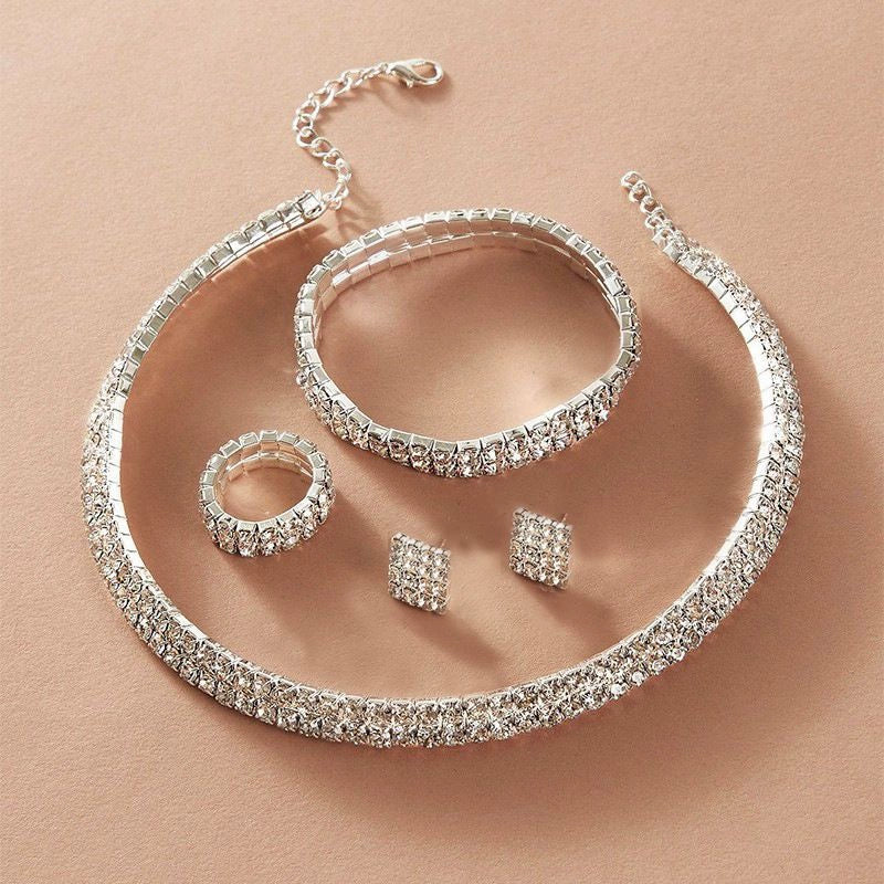 Roycebridal Fashion Necklace Earrings Ring Bracelet Four-piece Set Full Diamond Three-row Necklace Bridal Set