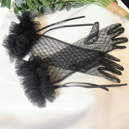 Roycebridal Gothic Wedding Accessories Black Mesh Lace Gloves Dress Long Style Personality Retro Gothic