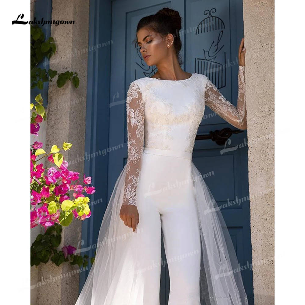 Roycebridal Boho Beach Modest Long Sleeve Jumpsuits Wedding Dress With Detachable Train Lace Bohemian Wedding Dress Bridal Gowns