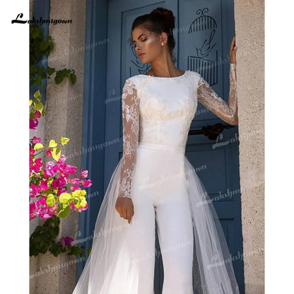 Roycebridal Boho Beach Modest Long Sleeve Jumpsuits Wedding Dress With Detachable Train Lace Bohemian Wedding Dress Bridal Gowns