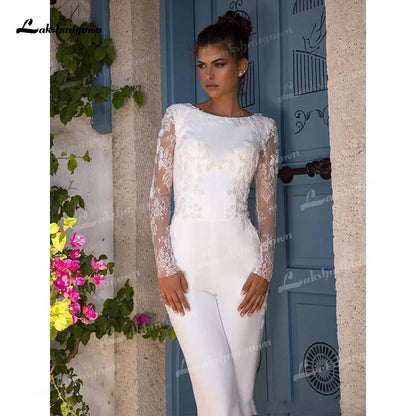 Roycebridal Boho Beach Modest Long Sleeve Jumpsuits Wedding Dress With Detachable Train Lace Bohemian Wedding Dress Bridal Gowns