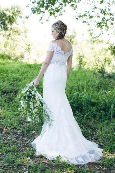 White Off Shoulder Open Back Trumpet Lace Up Appliques Wedding Dresses, MW198|musebridals.com