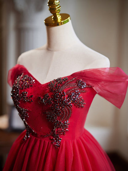 Off the Shoulder Beaded Burgundy Tulle Homecoming Dress