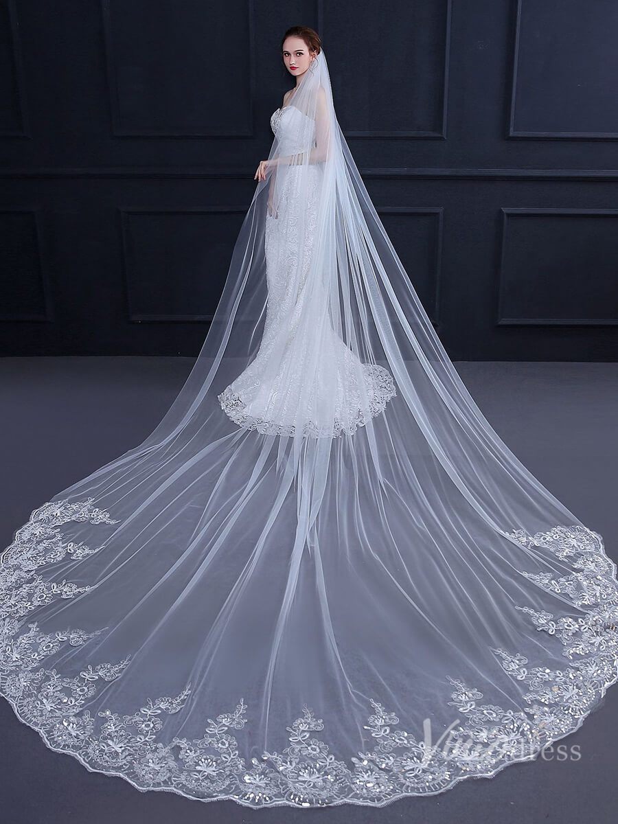 One Tier Lacy Extra Long Veil Viniodress TS18010-Veils-Viniodress-Ivory-Viniodress