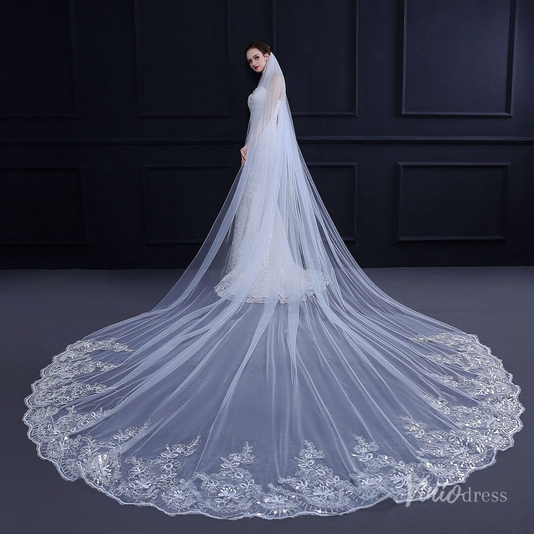 One Tier Lacy Extra Long Veil Viniodress TS18010-Veils-Viniodress-White-Viniodress