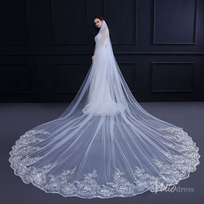 One Tier Lacy Extra Long Veil Viniodress TS18010-Veils-Viniodress-White-Viniodress