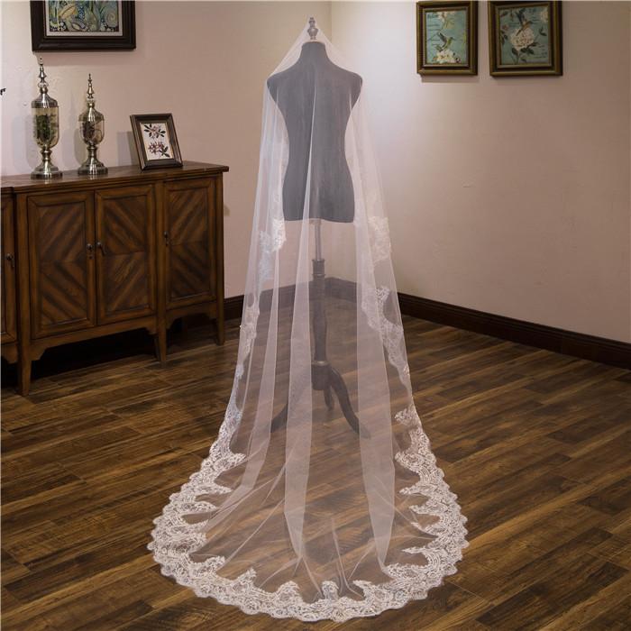 Roycebridal Vintage One-Tier Tulle Lace Edge Chapel Veils Appliques Wedding Veil