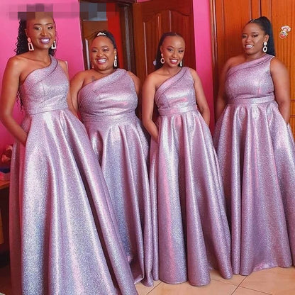 African One Shoulder Puple Sequin Bridesmaid Dresses A Line Long Party Dress