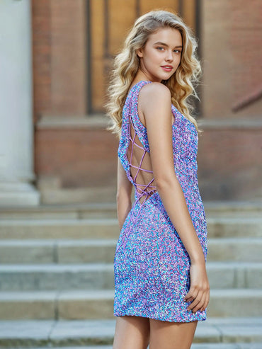 One Shoulder Sleeveless Sequin Homecoming Dresses