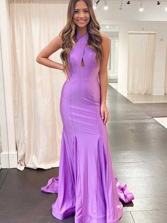 Roycebridal Halter Cross Neck Purple Long Bodycon Prom Dress