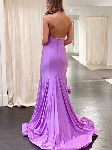 Roycebridal Halter Cross Neck Purple Long Bodycon Prom Dress