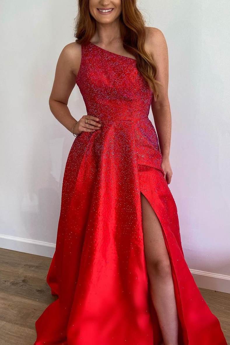 Malaysia | One Shoulder Red Beaded Long Formal Dress