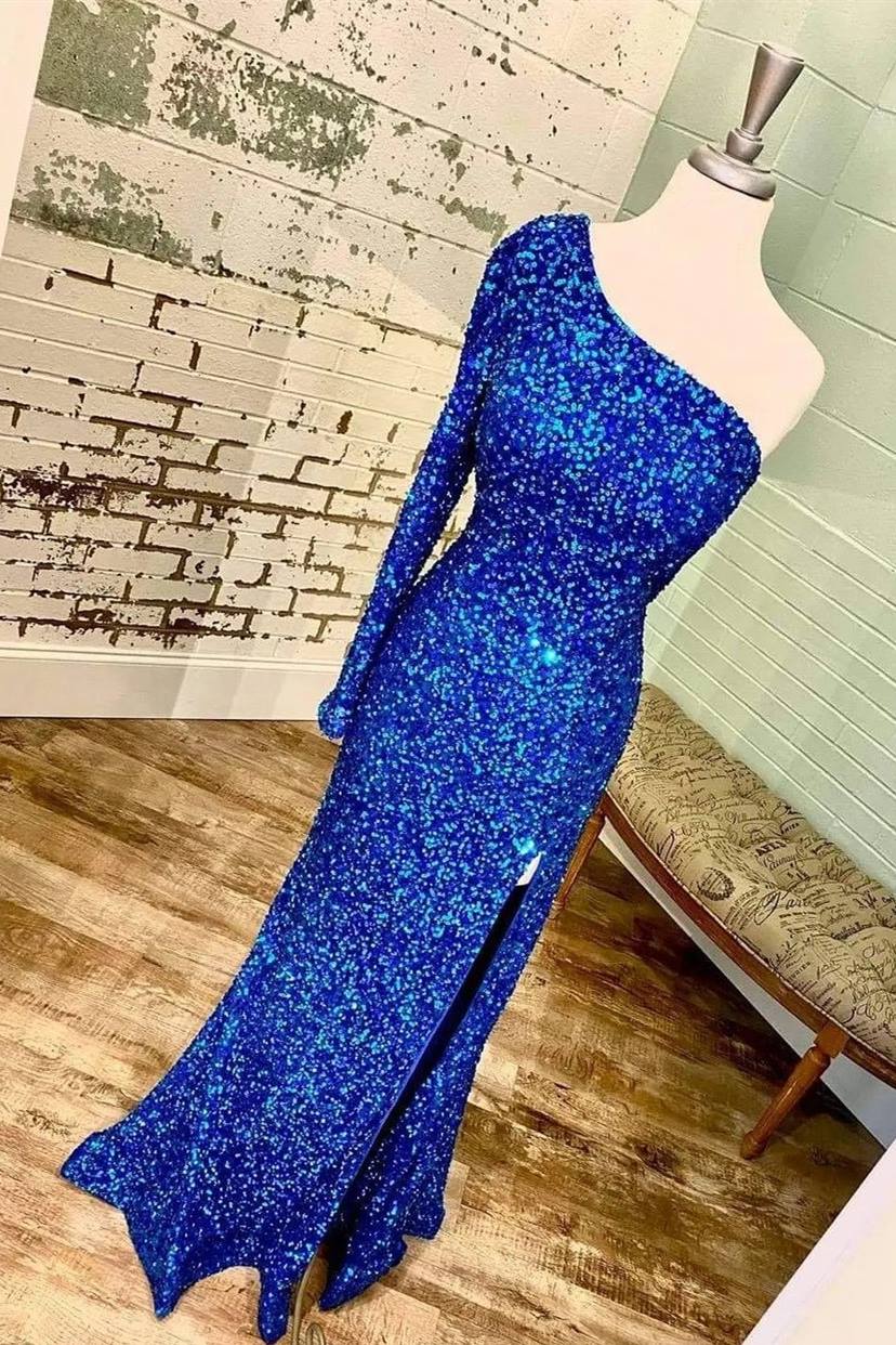 One-shoulder Long Sleeve Tiffany Blue Sequins Long Formal Dress