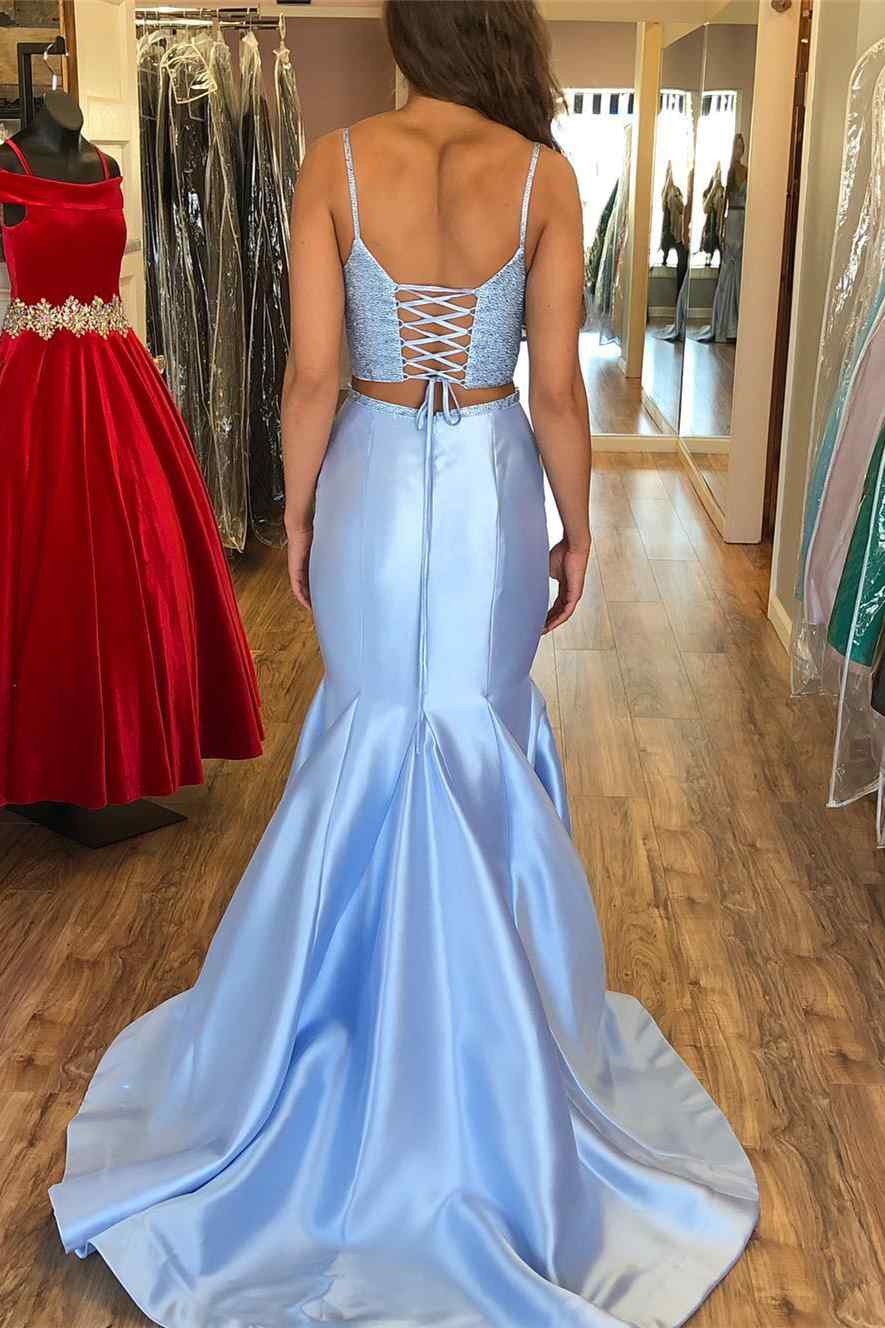 Roycebridal Two-Piece Glitter Light Blue Straps Trumpet Long Prom Dress