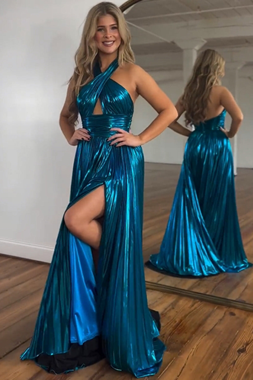 Roycebridal Peacock Blue Halter Neck A-Line Long Prom Dress With Split