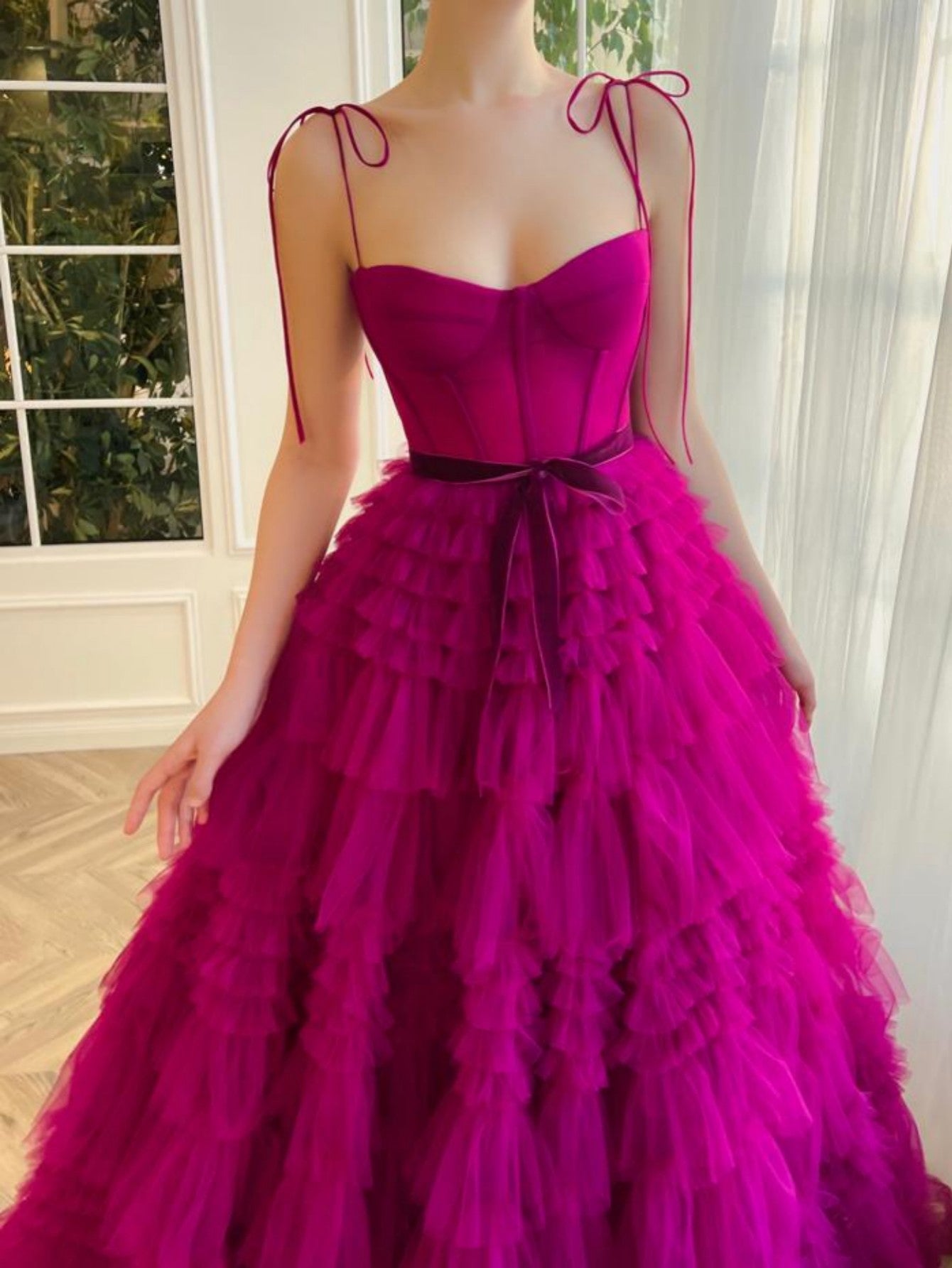 Roycebridal Blair |A Line Strapless Fuchsia Tiered Long Tulle Prom Dress