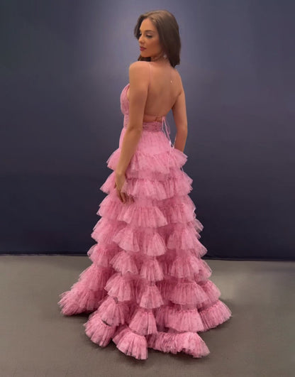 Roycebridal Ansley | Pink A Line Spaghetti Straps Open Back Tiered Long Prom Dress