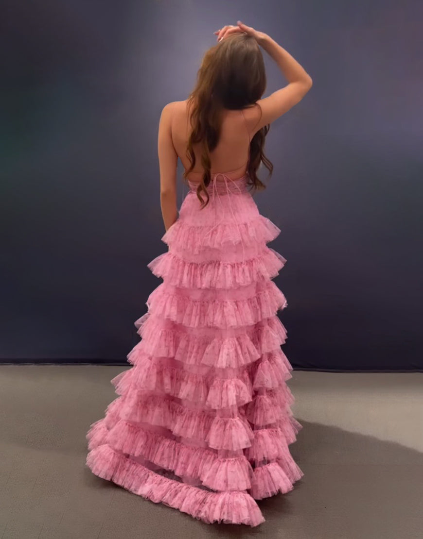 Roycebridal Ansley | Pink A Line Spaghetti Straps Open Back Tiered Long Prom Dress