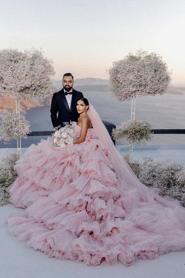 Pink Layers Tulle Ball Gown Straight Neck Wedding Dresses, Bridal Gowns, MW939 | pink wedding dresses | affordable wedding dresses | wedding dress stores | musebridals.com