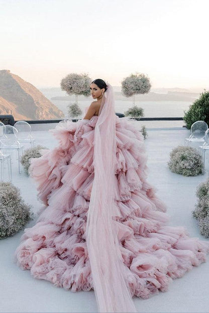 Pink Layers Tulle Ball Gown Straight Neck Wedding Dresses, Bridal Gowns, MW939 | wedding dresses near me | wedding gowns | cheap wedding dresses | musebridals.com