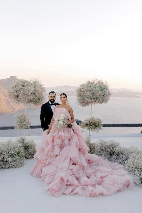 Pink Layers Tulle Ball Gown Straight Neck Wedding Dresses, Bridal Gowns, MW939 | bridal outfit | ball gown wedding dresses | wedding dresses online | musebridals.com