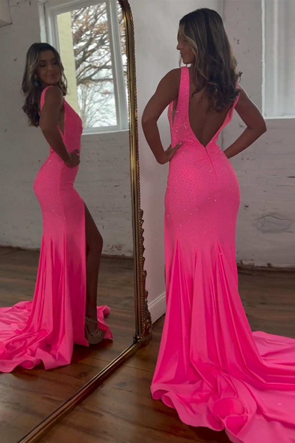 Roycebridal Sparkly Pink Mermaid V-Neck Sweep Train Beaded Prom Dress With Split