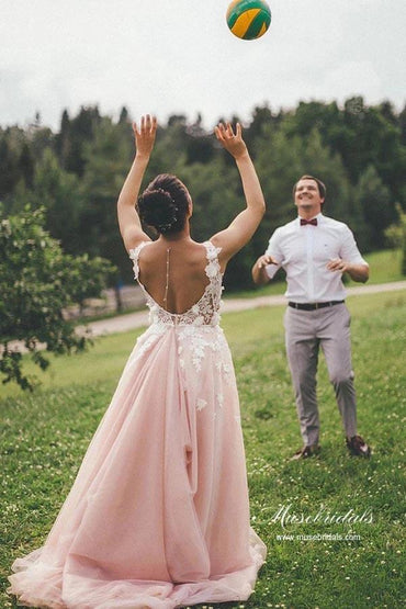 Pink Tulle A-line Backless Wedding Dress With Lace Appliques, Bridal Gown, MW944 | pink wedding dresses | cheap lace wedding dresses | wedding dresses online | musebridals.com