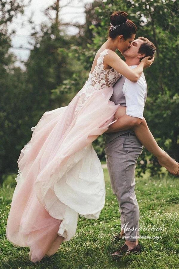 Pink Tulle A-line Backless Wedding Dress With Lace Appliques, Bridal Gown, MW944 | vintage wedding dresses | beach wedding dresses | v neck wedding dress | musebridals.com