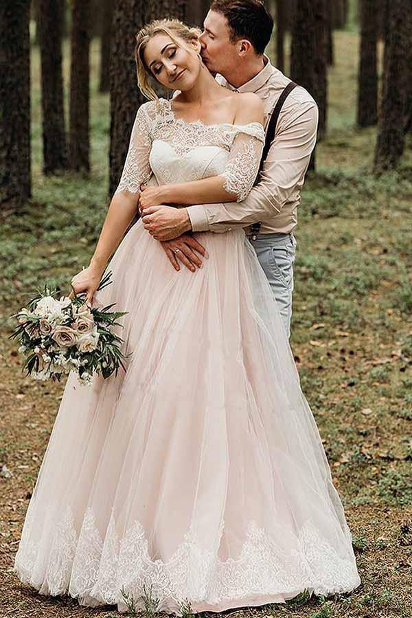 Pink Tulle Lace Backless Half Sleeves Lace Up Wedding Dresses, Bridal Gown, MW742 | long wedding dresses | outdoor wedding dresses | wedding dresses stores | www.musebridals.com​