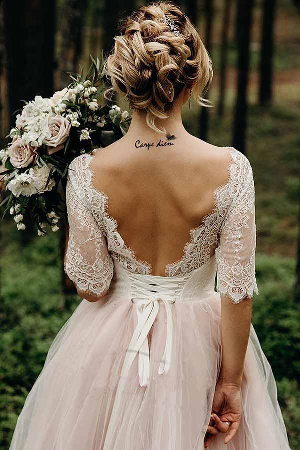 Pink Tulle Lace Backless Half Sleeves Lace Up Wedding Dresses, Bridal Gown, MW742 | lace wedding dresses | pink wedding dress | wedding dresses near me | www.musebridals.com